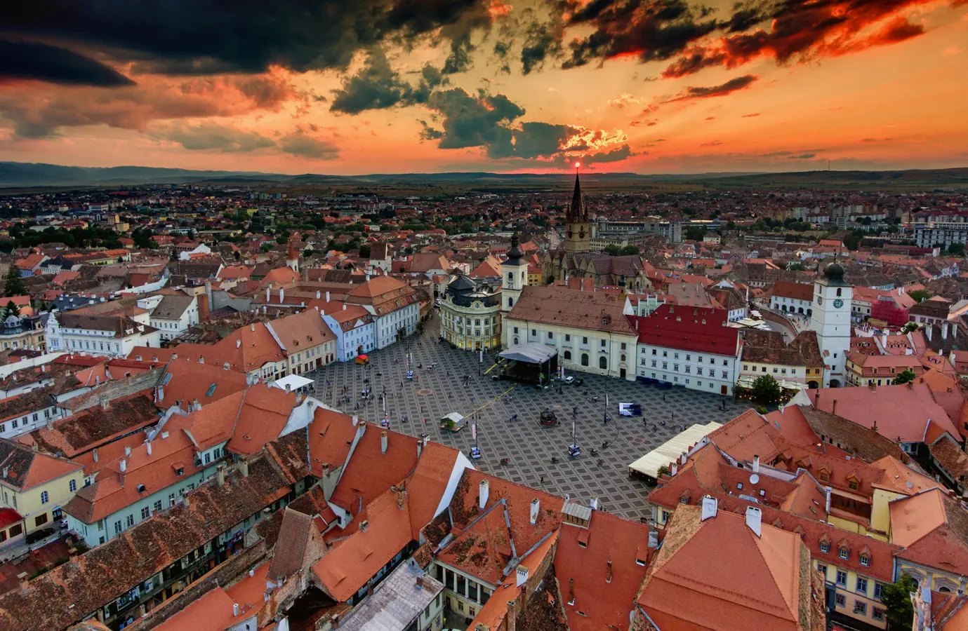 Sibiu, Transylvania, Romania Central Square At Sunset